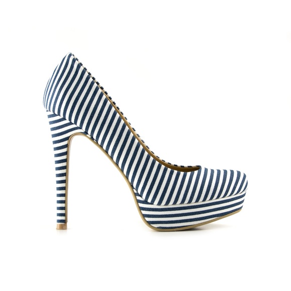 navy blue and white striped heels